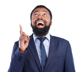 Surprise, marketing and businessman pointing with wow or omg facial expression for promotion. Shock, excited and young African male person with showing gesture isolated by transparent png background.