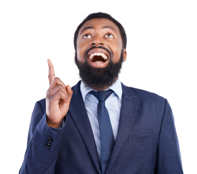Surprise, marketing and businessman pointing with wow or omg facial expression for promotion. Shock, excited and young African male person with showing gesture isolated by transparent png background.
