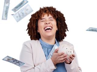 Piggy bank, money rain and woman excited for savings, financial freedom or investment winner. Happy African business person in budget, banking and money in air isolated on transparent, png background