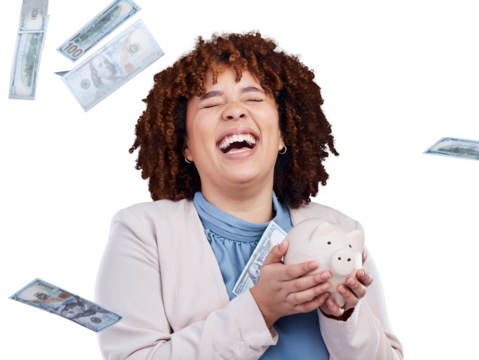 Piggy bank, money rain and woman excited for savings, financial freedom or investment winner. Happy African business person in budget, banking and money in air isolated on transparent, png background