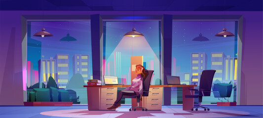 Woman burn and tired in office work room vector background. Business bureau company open space interior with sitting exhausted employee manager near glass window with cityscape view illustration.