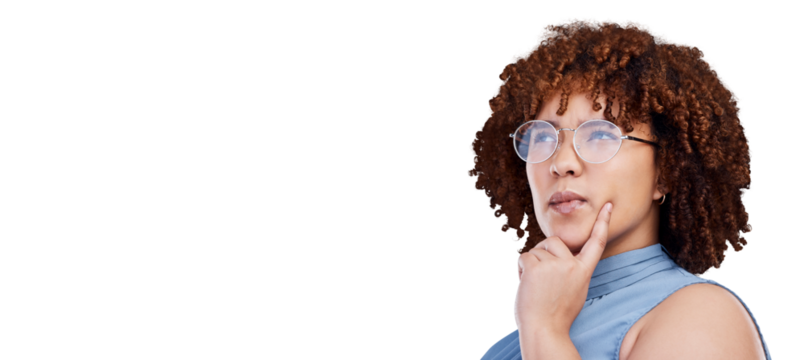 Business woman, thinking face with decision and choice, future and inspiration isolated on png transparent background. Professional ideas, vision and female employee with career mindset and goals