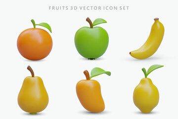 Set of realistic fruit icons. Colored ripe vector fruits with shadows. Orange, green apple, banana, pear, mango, lemon with leaf. Nutritious vitamin natural food