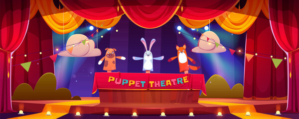 Puppet theater child show stage vector background. Kid theatre with marionette and hand toy funny scene cartoon illustration. Rabbit, fox and bunny childish animal character performance entertainment - obrazy, fototapety, plakaty