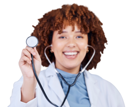 Doctor, stethoscope and portrait of a woman isolated on a transparent, png background for cardiology. Healthcare, cardiologist and female medical worker for health check, heartbeat and wellness - Powered by Adobe
