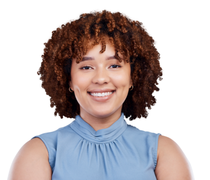 Happy, portrait and corporate woman with afro for a career, professional job or work headshot. Smile, business and face of a female employee looking elegant and isolated on transparent png background
