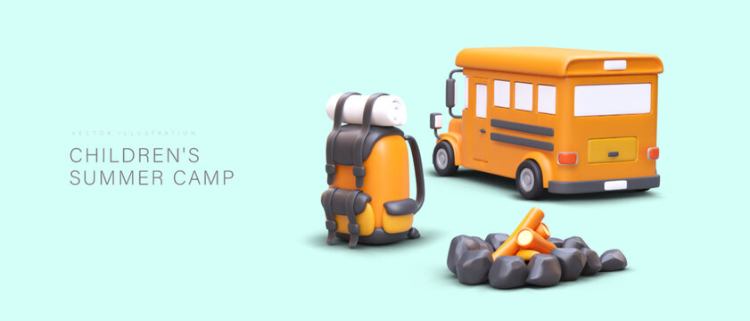 Childrens summer camp. 3D yellow school bus, backpack, fire. Safe transportation to campsite. Healing in nature, interesting leisure time with peers. Advertising banner