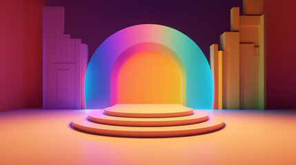 Colorful gradient arch display podium background. Created with Generative AI technology