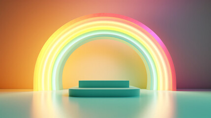 Colorful rainbow arch display podium background. Created with Generative AI technology