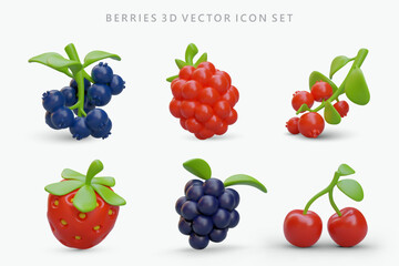 Set of colored 3D berry icons. Vector images of blueberries, raspberries, lingonberries, strawberries, blackberries, cherries. Natural vegetarian ingredients for baking, desserts, juices