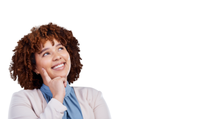 Business woman, happy and thinking, dream and inspiration with future isolated on png transparent background. Professional ideas, vision and success, female employee and career mindset with goals