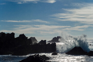 Fototapeta na wymiar Nature's Power Unleashed: Sunlit Wave Crashing into Rocky Shore