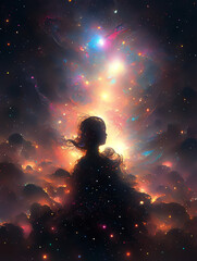 Fototapeta na wymiar Digital Illustration of A girl in Cosmic Outer pace Background