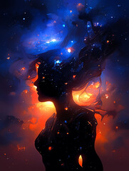 Fototapeta na wymiar Digital Illustration of A girl in Black Outer Space Background