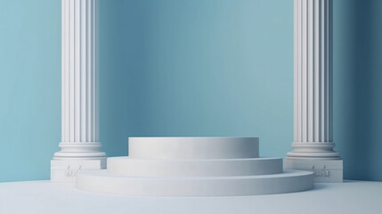 Display podium with white ancient Greek style columns on light blue background. Created with Generative AI technology.