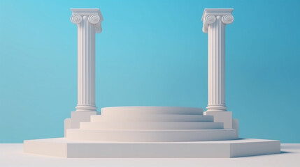 Display podium with white ancient Greek style columns on light blue background. Created with Generative AI technology.