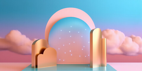 Abstract arch with pink and blue sky with clouds in the background. Created with Generative AI technology