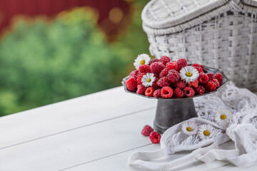 Fruits and berries. Summer time. Delicious fresh raspberries on a stylish iron tray in retro style on a white table. Space for text.