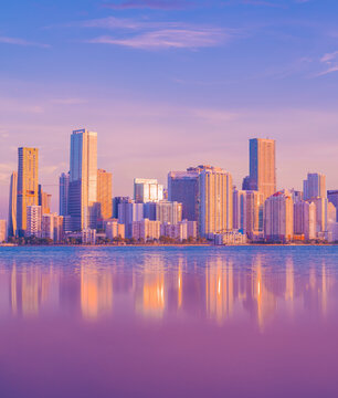 city skyline at sunset colors pink violet blue miami Florida © Cavan