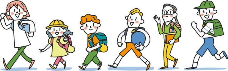 1年生から6年生の元気な小学生　セット　イラスト素材
