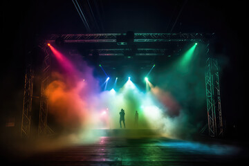 Fototapeta na wymiar Vibrant stage in the glow of colored spotlights, with smoke adding an air of mystery and drama. The image captures the anticipation and excitement inherent in live performances, generative AI