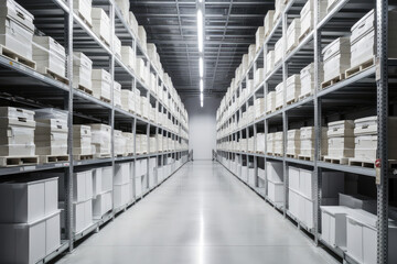White warehouse with organized shelves laden with boxes. The image exemplifies efficiency, orderliness, and the seamless operation of a well-managed storage system, generative AI - obrazy, fototapety, plakaty