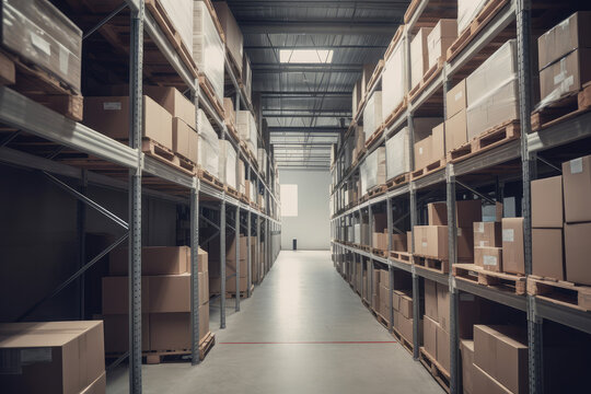 White warehouse with organized shelves laden with boxes. The image exemplifies efficiency, orderliness, and the seamless operation of a well-managed storage system, generative AI