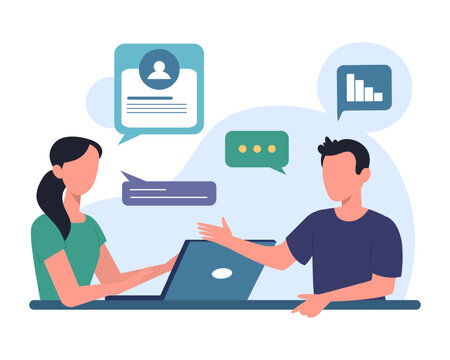 Adult man talking with HR manager in office. Process of talking with candidates. Human resource management representatives. Vector flat illustration in blue colors - Powered by Adobe