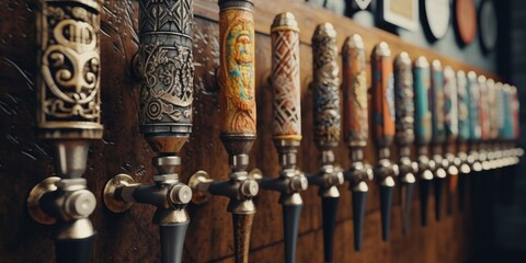 Close-ups of Craft Beer Tap Handles and Brewing Equipment. Created with generative AI technology.