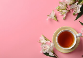 Obraz na płótnie Canvas Flower tea with colored background MADE OF AI