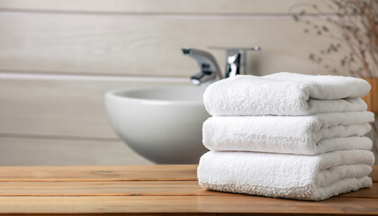 White clean towels on wooden table in bathroom. Space for text
