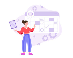 Young worker standing near calendar and planning. Effective work scheduling, multitasking concept with clock, calendar. Office productivity, workflow. Vector illustration in purple colors