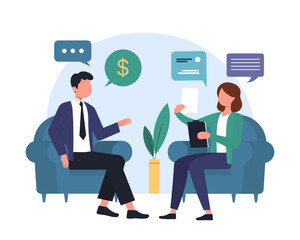 Man talking with lady, looking for new job. HR managers interviewing job seekers. Process of talking with candidates. Human resource management representatives. Vector flat illustration