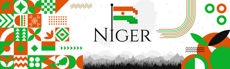Niger Independence Day abstract banner design with flag and map. Flag color theme geometric pattern retro modern Illustration design. Orange and Green flag color template.