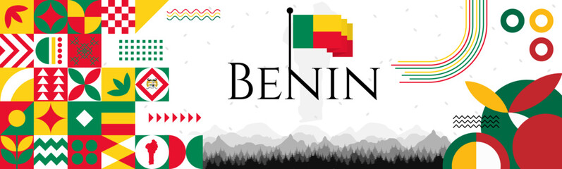 Benin Independence Day abstract banner design with flag and map. Flag color theme geometric pattern retro modern Illustration design. Green, Yellow and Red flag color template.