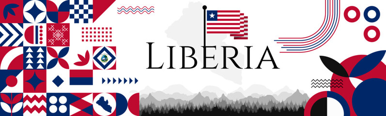Naklejka premium Liberia Independence Day abstract banner design with flag and map. Flag color theme geometric pattern retro modern Illustration design. Red and Blue flag color template.