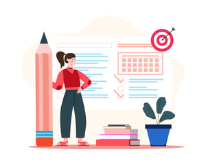 Female holding pencil, checking tasks. Work planning and analysis. Timely performance of tasks and achievement goals. Schedule organization concept. Time management. Vector illustration in red colors