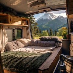 van life camper bedroom with open back window view of a snow capped mountain range 3d render