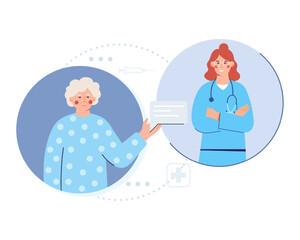 Old lady chatting with young doctor about treatment. Time for making treatment online. Remote medical consultation via Internet. Vector flat illustration in blue colors
