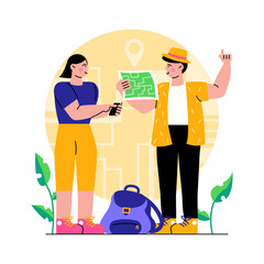 Male holding map and searching for way, female holding smartphone and talking. Young couple traveling around world. Cartoon vector flat illustration concept