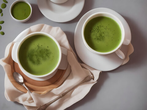 a cup of Matcha Latte sitting on top of a saucer, a stock photo by Jacob More, featured on Pixabay, art photography, a photo was taken with Nikon d750