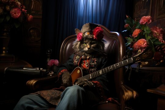 cat playing guitar on stage hippie dress like jimi hendrix illustration generative ai