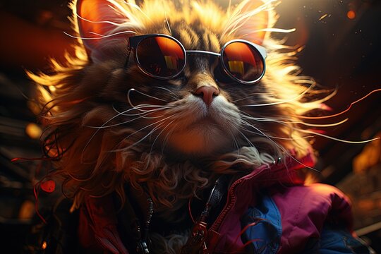 cat playing guitar on stage hippie dress like jimi hendrix illustration generative ai