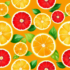 Fototapeta na wymiar Vector seamless pattern with citrus fruits, grapefruit, orange slices and green leaves in a watercolor style. 