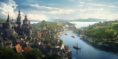 Fototapeta premium medieval fantasy city built over hills, view of the river and mountains