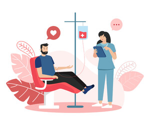 Nurse holding clipboard and making notes. Patient donating blood. Volunteering organization members. Lifesaving impact of blood. Vector flat illustration in red and blue colors