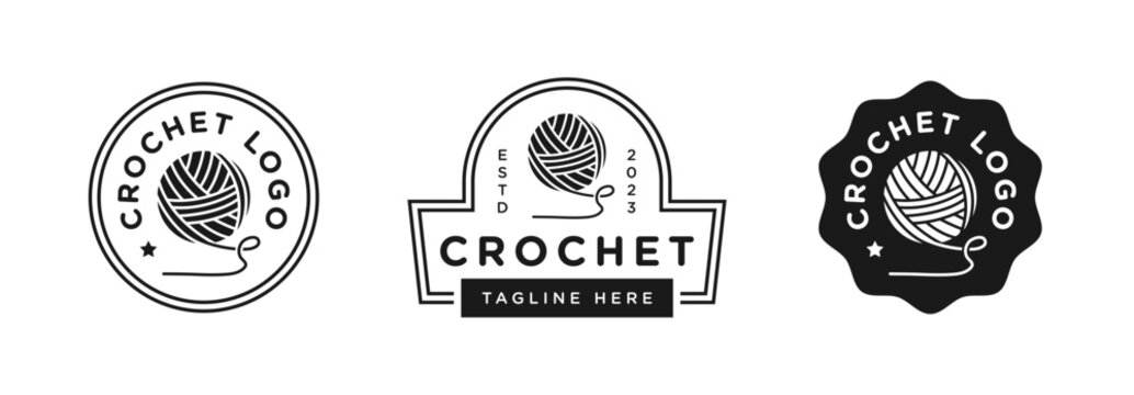 Set crochet logo with yarn ball knitting vector illustration silhouette isolated