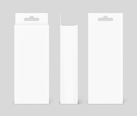 Realistic cardboard boxes mockup set. Front, back and side views. Vector illustration. Can be use for food, cosmetic, software and etc. Ready for your design. EPS10.