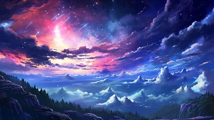 Nighttime tranquility: anime starry night scene immerses viewers in cosmic wonder, wallpaper, Generative AI
