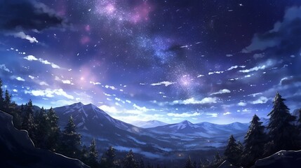 Nighttime tranquility: anime starry night scene immerses viewers in cosmic wonder, wallpaper, Generative AI